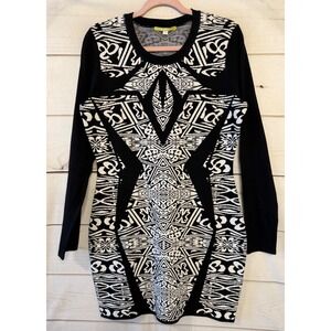 Gianni B Geometric Print Long Sleeve Knit Dress Black Ivory Size L